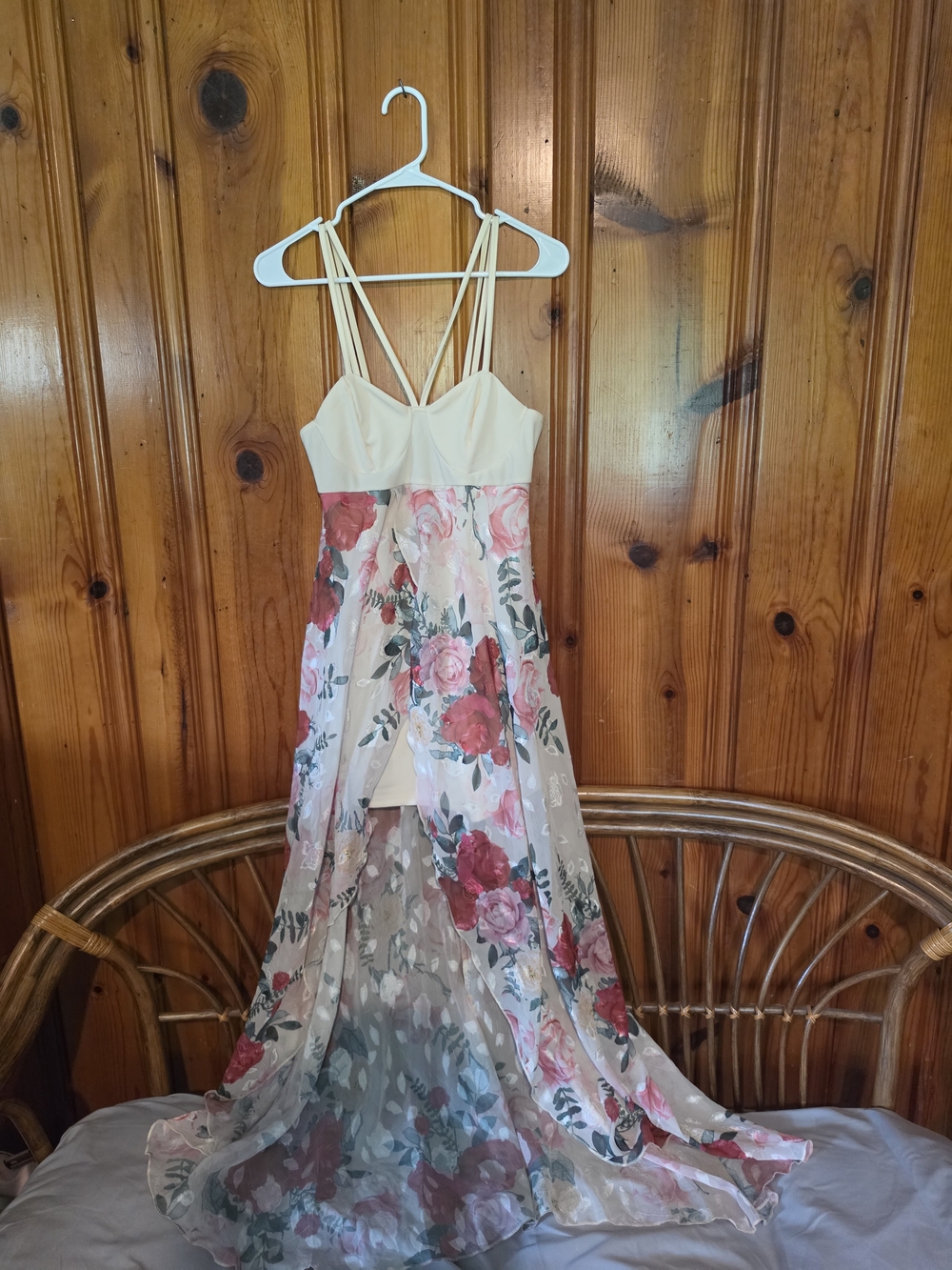 SHEIN Cream and Pink Floral High-Low Open-Back Romper Dress